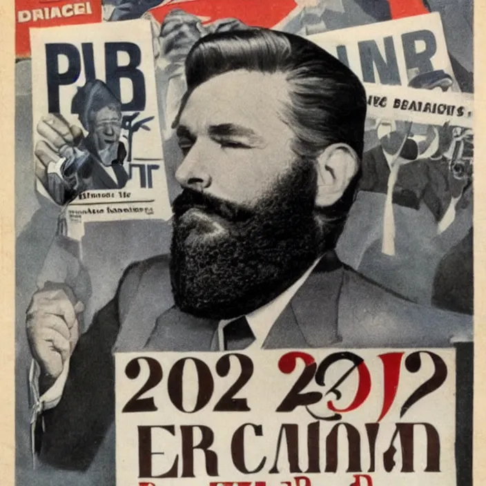 Image similar to bearded donald trump winning 2 0 2 4 presidential election in 1 9 4 0's style propaganda