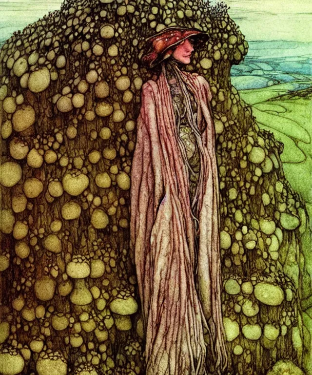 Image similar to A detailed funguswoman stands among the mushroom hills. Wearing a ripped mantle, robe. Perfect faces, extremely high details, realistic, fantasy art, solo, masterpiece, art by Arthur Rackham, Zdzisław Beksiński