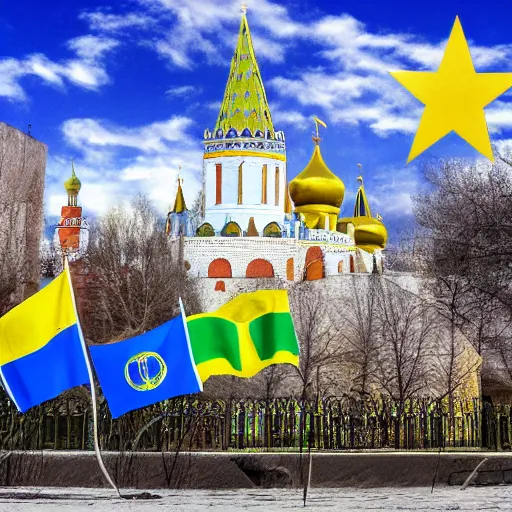 Prompt: A historic photo of Kremlin with Ukrainian flags, 4k, award-winning