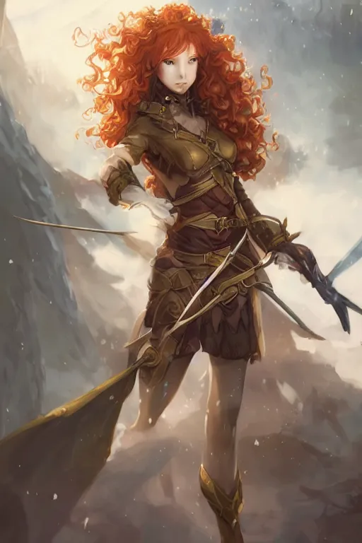 Image similar to A beautiful anime portrait of a curly haired redhead female elf, rpg ranger outfit, elven bow, by Stanley Artgerm Lau, WLOP, Rossdraws, James Jean, Andrei Riabovitchev, Marc Simonetti, and Sakimichan, tranding on artstation