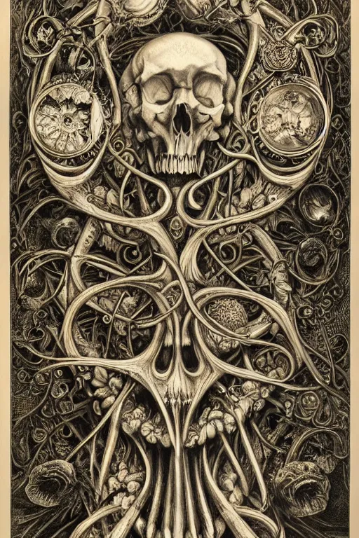 Image similar to detailed realistic memento mori lithograph by cameron gray and ernst haeckel, gothic ornament, skulls, bones, art nouveau, neogothic, ornate art nouveau botanicals, horizontal symmetry, polished