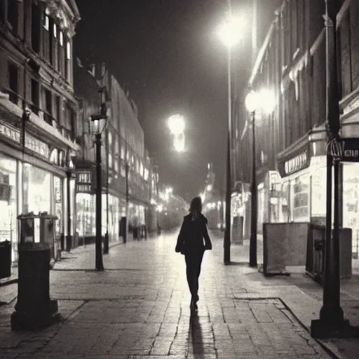 Prompt: woman walking through the city at night. hyper detailed. beautiful and eerie. london 1 9 7 0 s