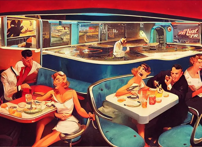 Image similar to diorama, diner, 1950s,jukebox,8K, by syd mead