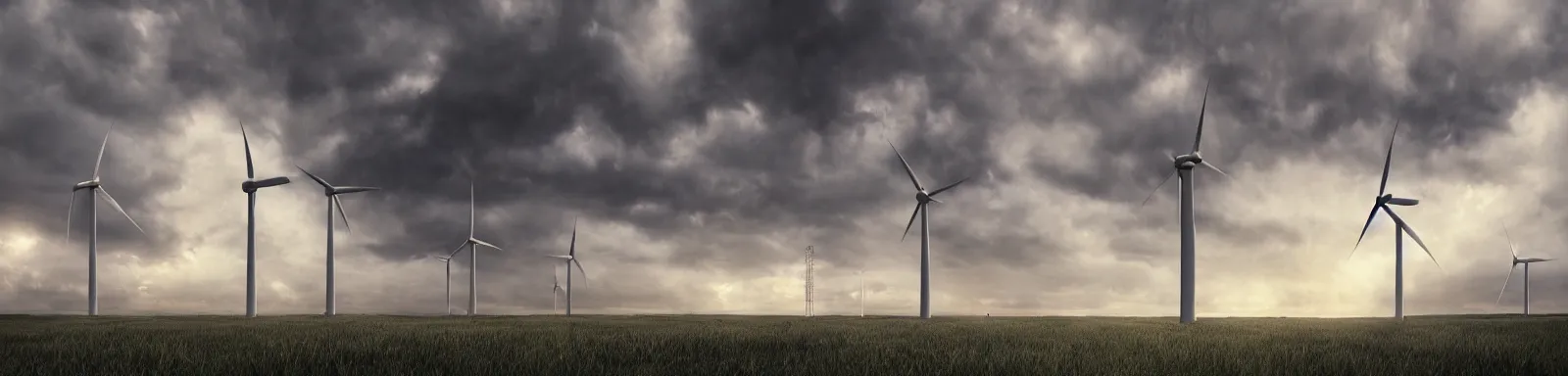 Image similar to Stormy sky with the lightings in the clouds, blueshift render, pipes, a wind turbine in the background, depth of field, concept art, Full HD, 1128x191 resolution