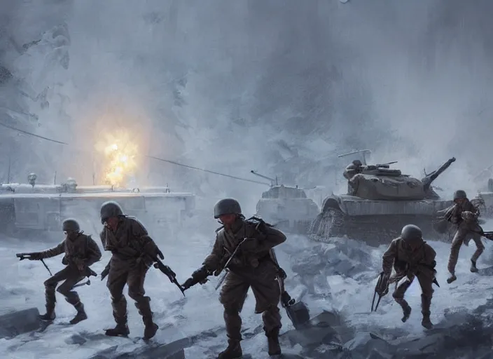 Image similar to soviet soldiers fighting against nazi monstrous robots in world war two eastern front setting, dieselpunk, winter concept art, artstation, stephen bliss, unreal engine, art by greg rutkowski, pixar, global illumination, radiant light, detailed and intricate environment