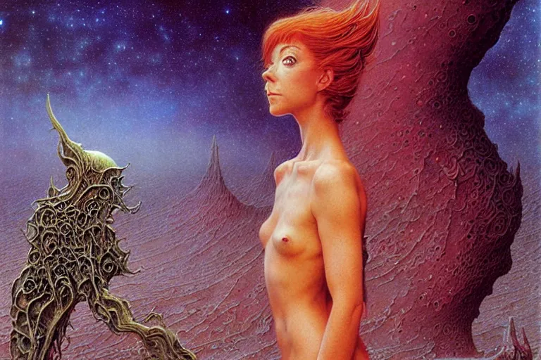 Image similar to cute young alyson hannigan with short hairs on lovecraftian planet by jean delville by luis royo and wayne barlowe, beksinski