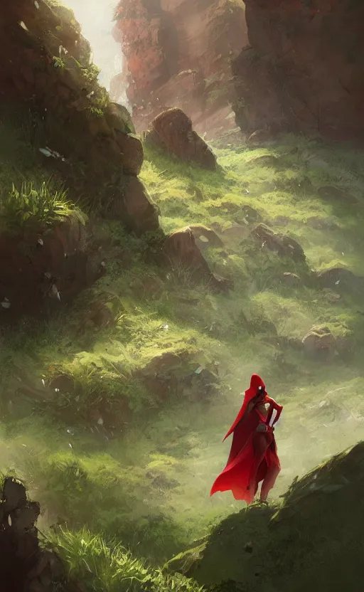 Image similar to a beautiful illustration of a woman with red hood walking between rocks, by greg rutkowski, digital artwork, artstation, cgartists, conceptartworld, deviantart, magic the gathering artstyle, floating magical rocks, lush green meadow