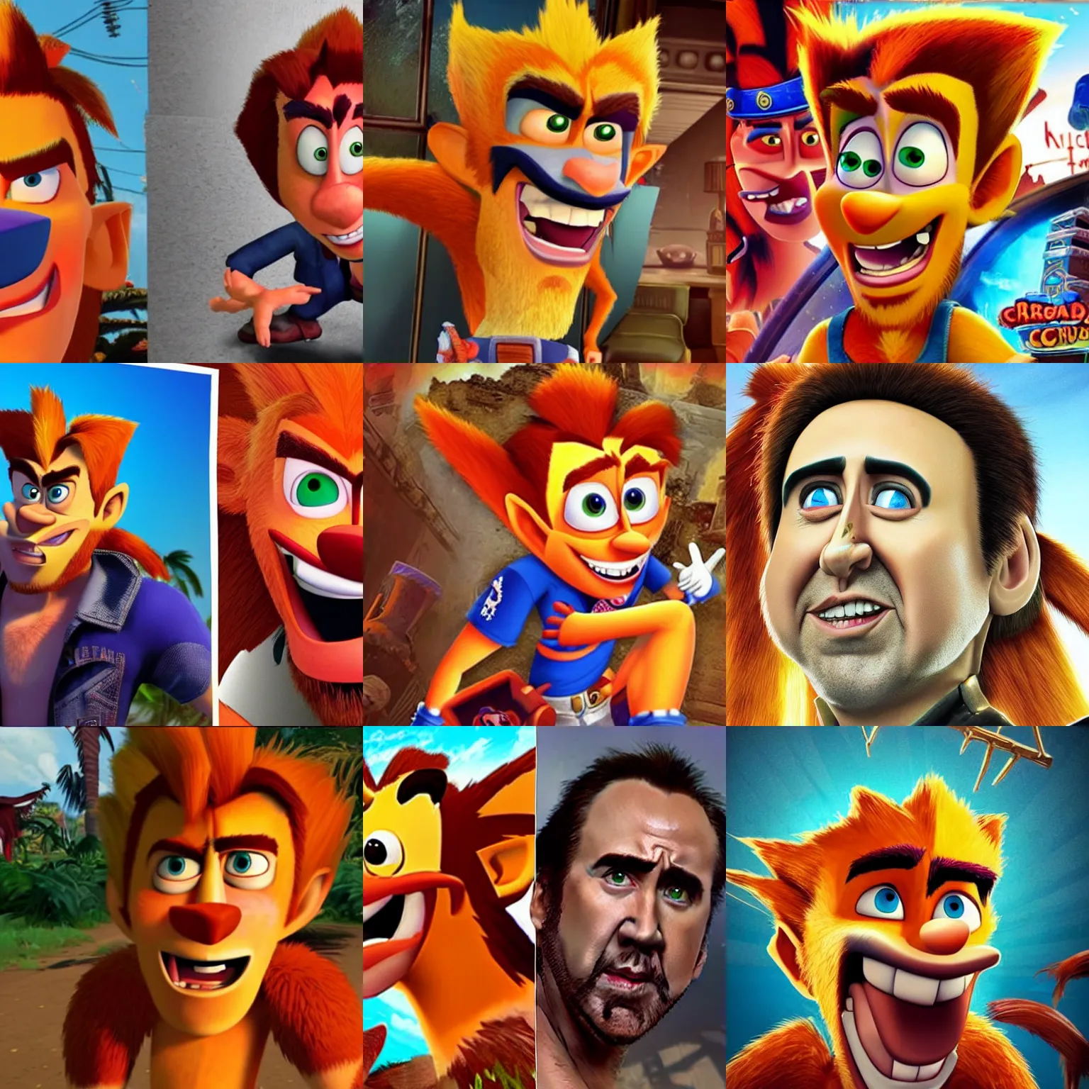 Prompt: nicolas cage as crash bandicoot