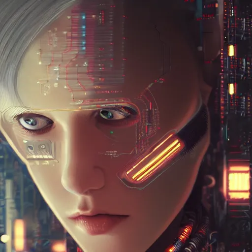 Image similar to a face covered in computer circuits, scifi, bladerunner, cyberpunk, very detailed eyes, 8 k resolution, by wlop, greg rutkowski