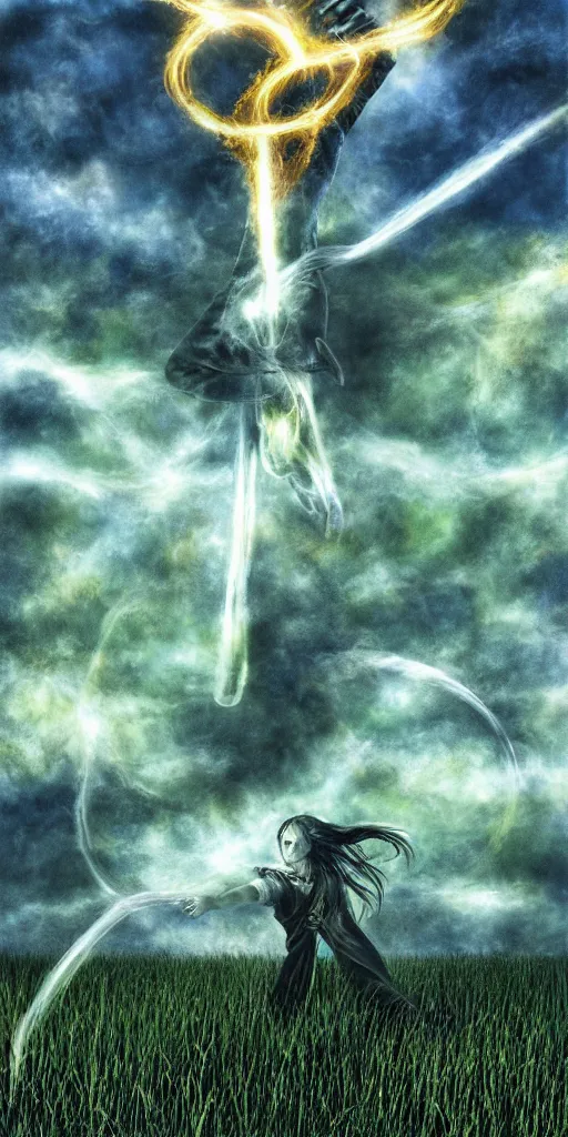 Prompt: a hand with ten fingers and full of golden rings is touching grass on a green field below dramatic airbrushed clouds over black background by Luis royo and Yoshitaka Amano intricated flares airbrush realistic 5g warning