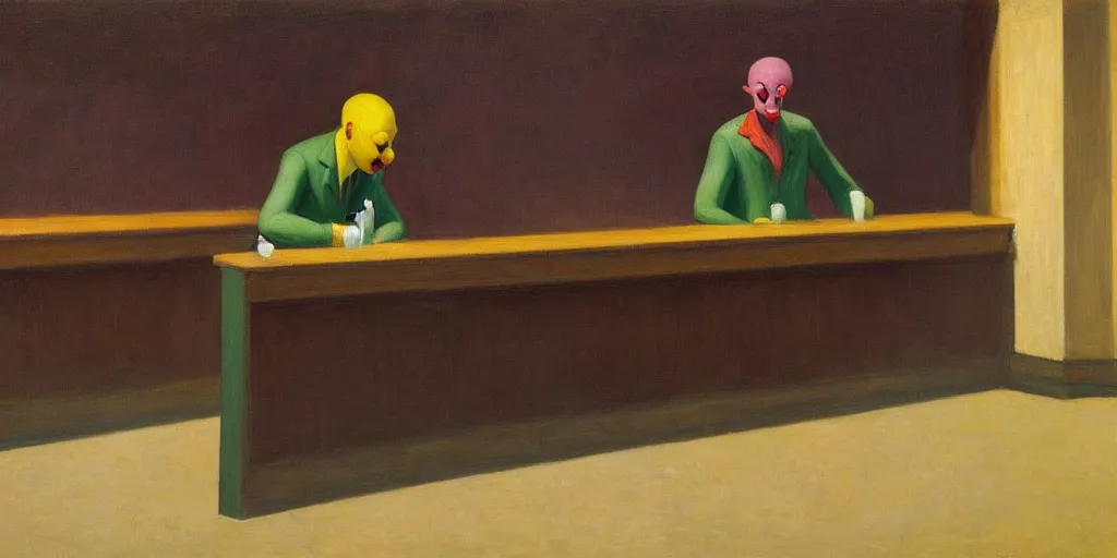 Image similar to a miserable clown, drinking a smoothie in an empty bar, oil painting by edward hopper