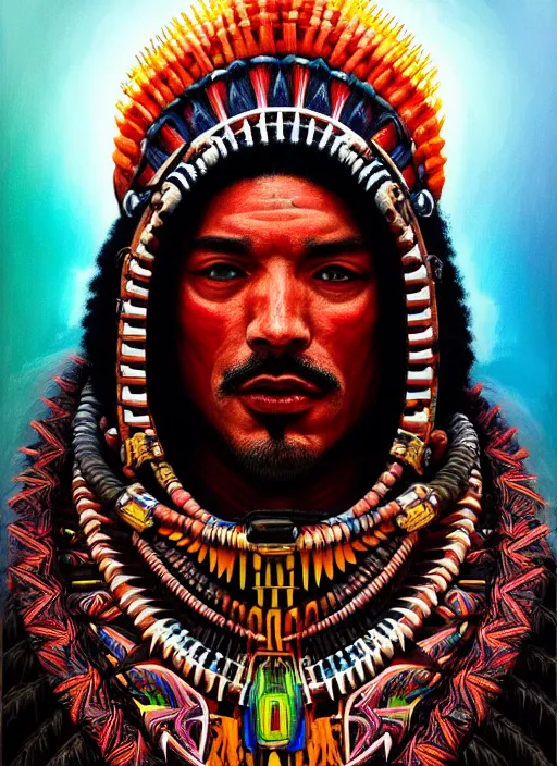 Image similar to portrait of laz alonso, hyper detailed ultra sharp aztec shaman warrior. trending on artstation, warpaint aesthetic, bloodwave, colorful, psychedelic, ornate, intricate, digital painting, concept art, smooth, sharp focus, illustration, art by artgerm and greg rutkowski and h. r. giger, 8 k