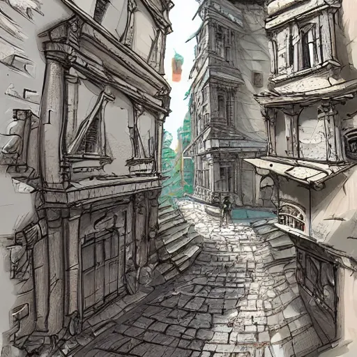 Prompt: walking down busy stone streets in d & d city with mostly small buildings surrounding a distant colosseum, artstation