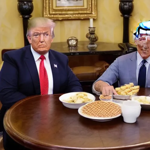 Image similar to photograph of trump and Biden sitting and eating breakfast at a Wafflehouse