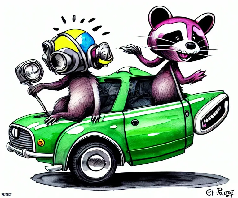 Image similar to cute and funny, racoon wearing a helmet riding in a tiny 2 0 1 7 infinti qx 8 0, ratfink style by ed roth, centered award winning watercolor pen illustration, isometric illustration by chihiro iwasaki, edited by range murata