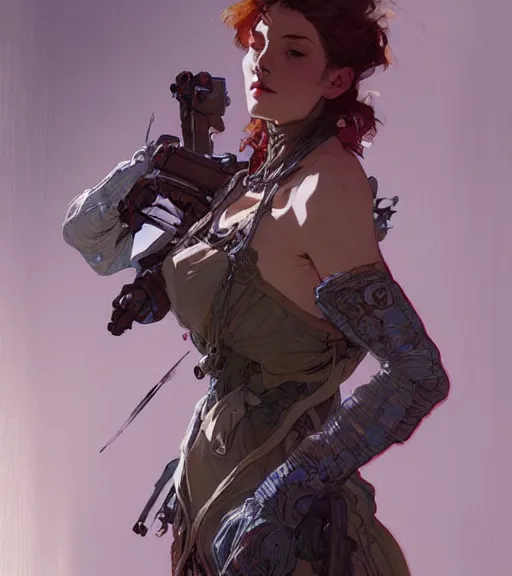 Image similar to woman model, combat mech clothes, in a bedroom, intricate clothes, elegant, highly detailed, digital painting, artstation, concept art, smooth, sharp focus, illustration, art by krenz cushart and artem demura and alphonse mucha