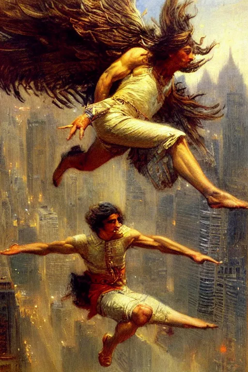 Prompt: painting of a young man flying through new york city. his hands stretched to the side. the city is alive beneath him. art by gaston bussiere.