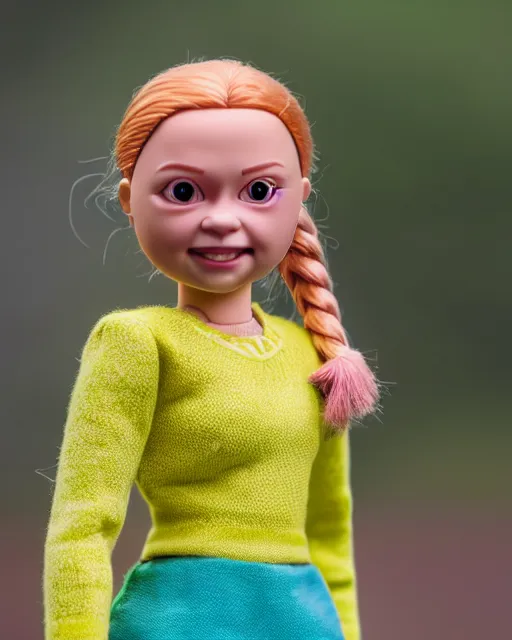 Prompt: high quality presentation photo of a cute greta thunberg barbie doll, photography 4k, f1.8 anamorphic, bokeh, 4k, Canon, Nikon