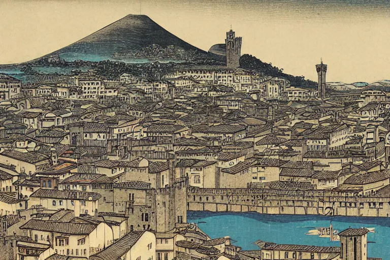 Prompt: florence old street in 1 6 th century with a tower in background by hiroshige utakawa