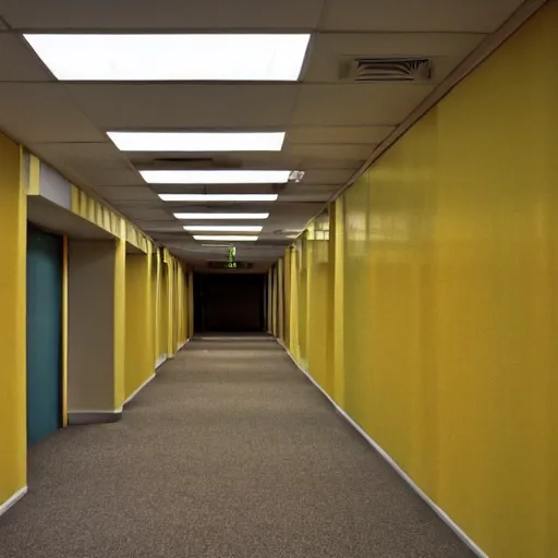 Image similar to 1 9 9 0 s vhs tape still, interior of an empty office building, long corridor with empty rooms, old faded yellow wallpaper, carpet, fluorescent light, suspended ceiling, creepy