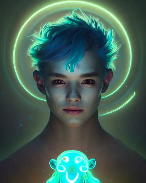 Image similar to one singular portrait of a cute bioluminescent monster boy, mischievous, highly detailed, digital painting, cinematic, hyper realism, dark retrowave, art by stanley lau and artgerm and magali villeneuve and alphonse mucha, artstation, octane render, cgsociety