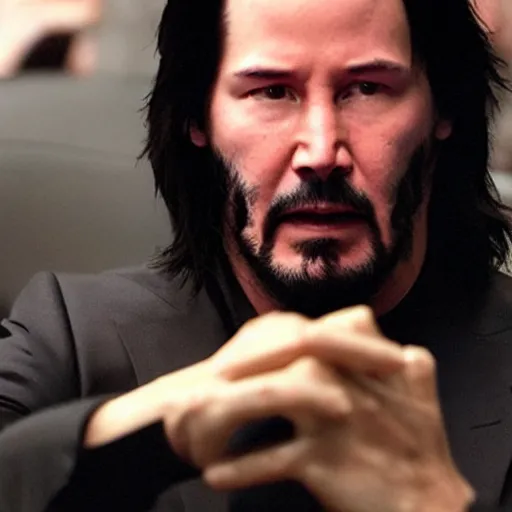 Image similar to Keanu Reeves facepalming over how bad Cyberpunk 2077 was