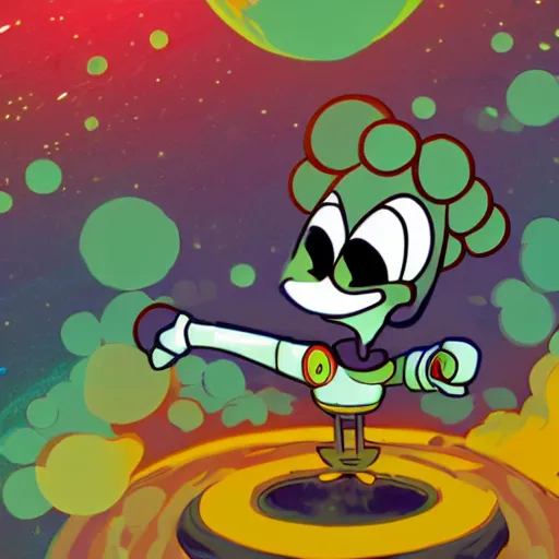 Image similar to Liminal space in outer space, Cuphead style, colorized