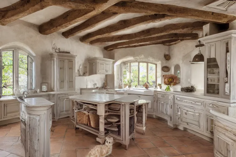 Prompt: Photography of Provence style kitchen with cat in the center, photorealism