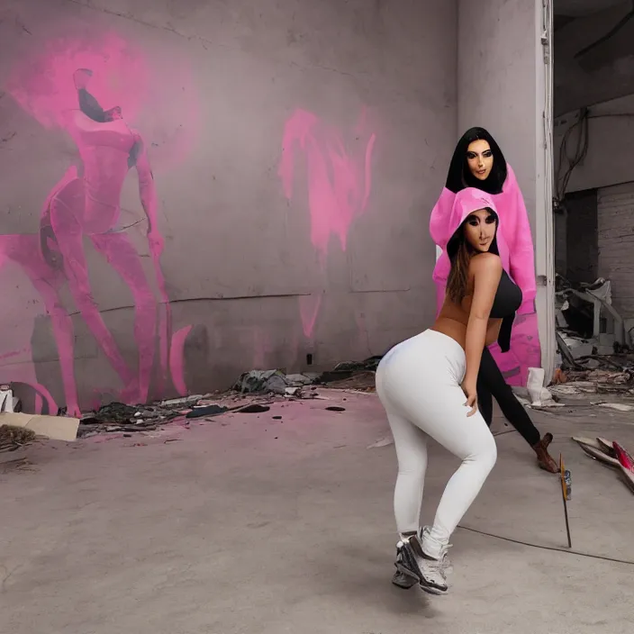 Prompt: kim kardashian doing graffiti mural in a derelict room, dust mist, rear-shot, pov from behind, very skin tight white leggings with a pink hoody with hood up, mold, intricate, epic lighting, cinematic composition, hyper realistic, 8k resolution, unreal engine 5