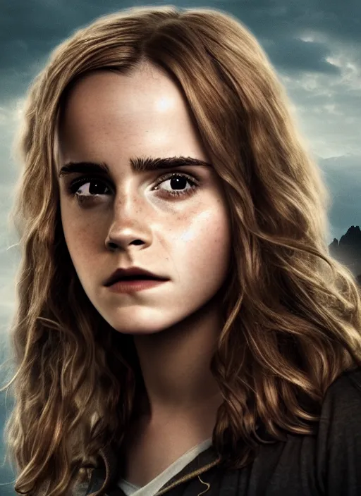 Image similar to Movie poster, Emma Watson as Hermione Granger, dark, thunderstorm, extremely detailed, award winning, 4K