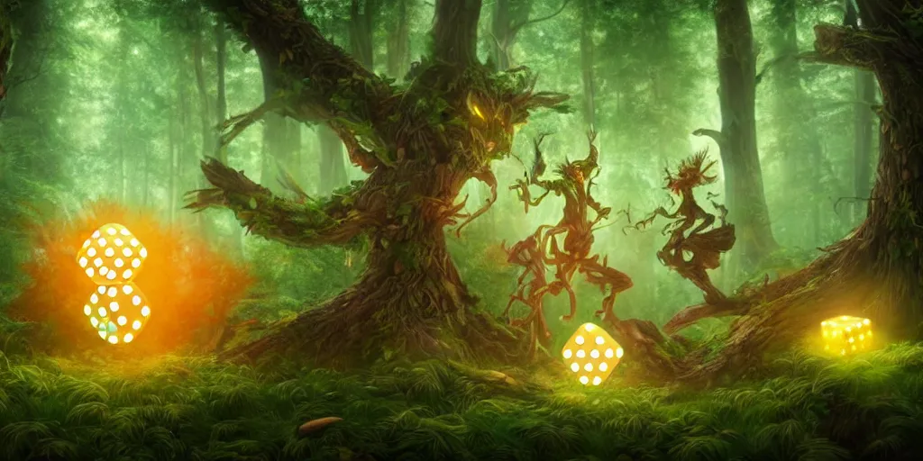 Prompt: anthropomorphic tree spirits rolling cube dice in the forest, glowing energy, fantasy magic, by willian murai and jason chan and marco bucci, hyper detailed and realistic, illustration, sharp focus, cinematic, rule of thirds, forestpunk