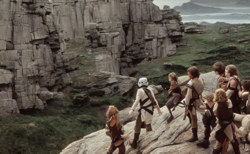 Prompt: screenshot of Luke Skywalker on a cliff teaching a class of young padawans outside a rocky Jedi Temple scene from The Force Awakens, 1980s film by Stanley Kubrick, serene, iconic scene, Mark Hammil portrait, stunning cinematography, hyper-detailed, sharp, anamorphic lenses, kodak color film, 4k