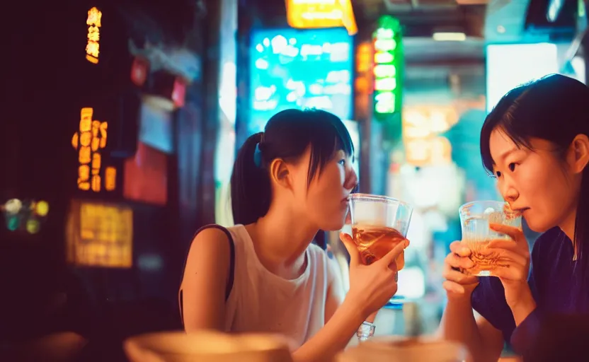 Image similar to cinestill 5 0 d photographic portrait of two android women sharing a drink at a cafe in cyberpunk china, extreme closeup, modern cyberpunk, dust storm, 8 k, hd, high resolution, 3 5 mm, f / 3 2, ultra realistic faces, intricate detail, ex machina