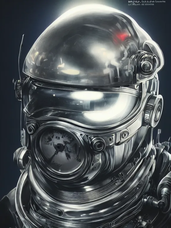 Image similar to portrait art of 8k ultra realistic retro futuristic terminator astronaut helmet, lens flare, atmosphere, glow, detailed,intricate,blade runner, cybernetic, full of colour, cinematic lighting, trending on artstation, 4k, hyperrealistic, focused, extreme details,unreal engine 5, cinematic, masterpiece, art by ayami kojima, giger