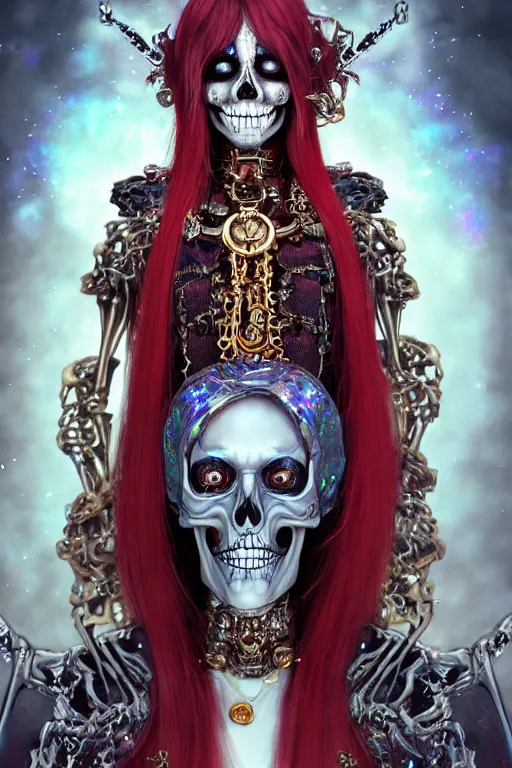 Image similar to androgyne lich skeleton made of iridescent metals and shiny gems covered with blood, long red hair, golden necklace, skeleton inspired by ross tran and wlop and masamune shirow, ultra realistic, concept art, intricate details, highly detailed, photorealistic, octane render, 8 k, unreal engine. dnd art by artgerm and greg rutkowski and alphonse mucha