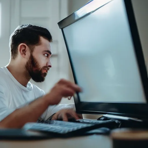 Prompt: photo of man looking at his computer screen, on his computer screen there is an image of troll face