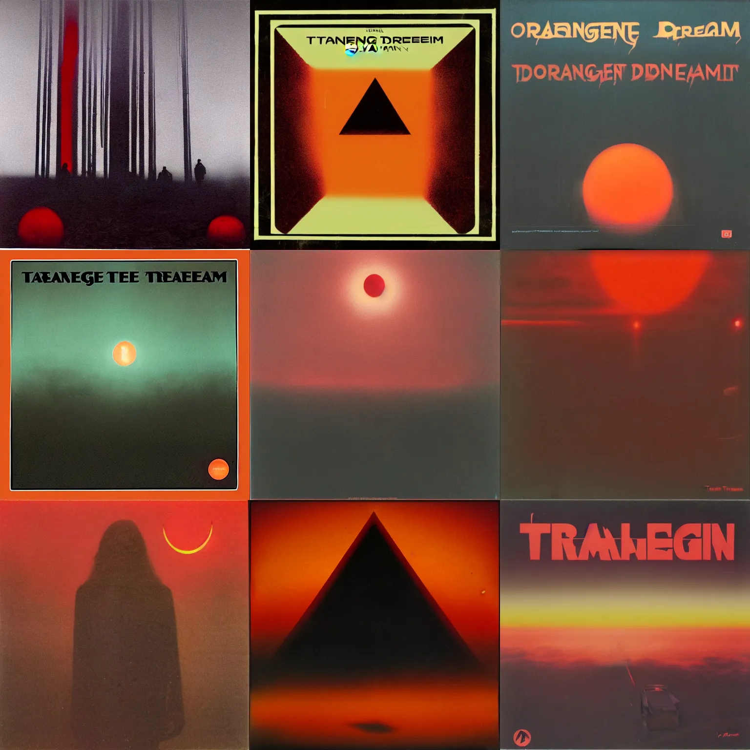 Prompt: Tangerine Dream Album Cover, Dark forbidding, fog, red glow , 1970s