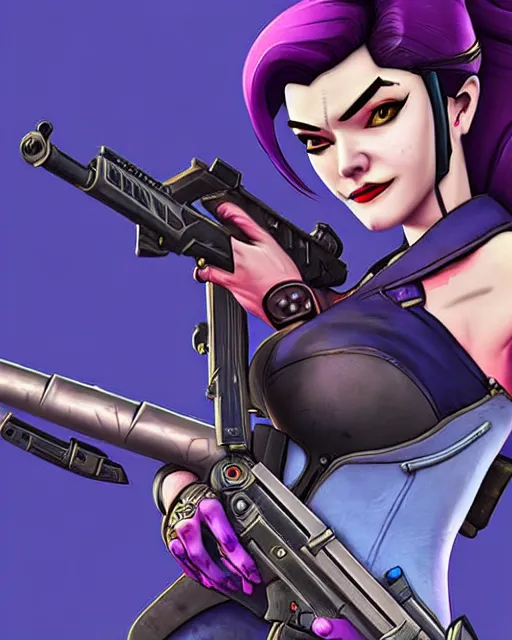 Image similar to widowmaker from overwatch, intricate details, highly detailed, in the style of gta game cover art