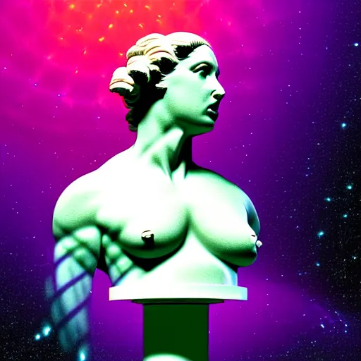 Image similar to 3 d sci - fi cgartist double exposure ambient occlusion rendering of a hyper realistic marble greek statuary bust floating in space, at the vast pulsating interdimensional fractal space portal at the psychedelic vaporwave ombre event horizon by chris moore, by edward hopper, by col price, trending on artstation