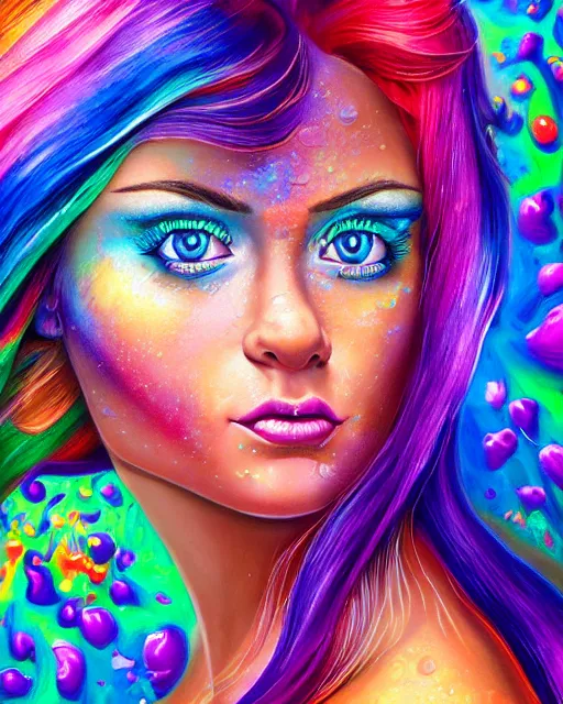Prompt: ultra detailed realistic colorful acrylic pour flow painting of a iridescent - haired female bodybuilder with striking eyes, girl in a bed of flowers, directed gaze, digital art by rhads, lisa frank, clint cearley, trending on artstation, psychedelic art, psychedelic, metaphysical, vibrant colors, mystical, digital illustration