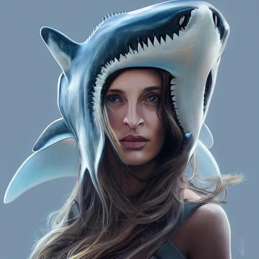 Image similar to an attractive young heavily pierced female wearing an shark helmet, uma thurman, olive skin, long dark hair, beautiful bone structure, intricate, elegant, highly detailed, digital painting, artstation, concept art, smooth, sharp focus, illustration, art by artgerm and greg rutkowski and alphonse mucha