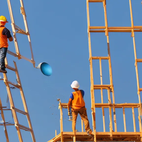 Image similar to two construction workers removing the moon from the sky