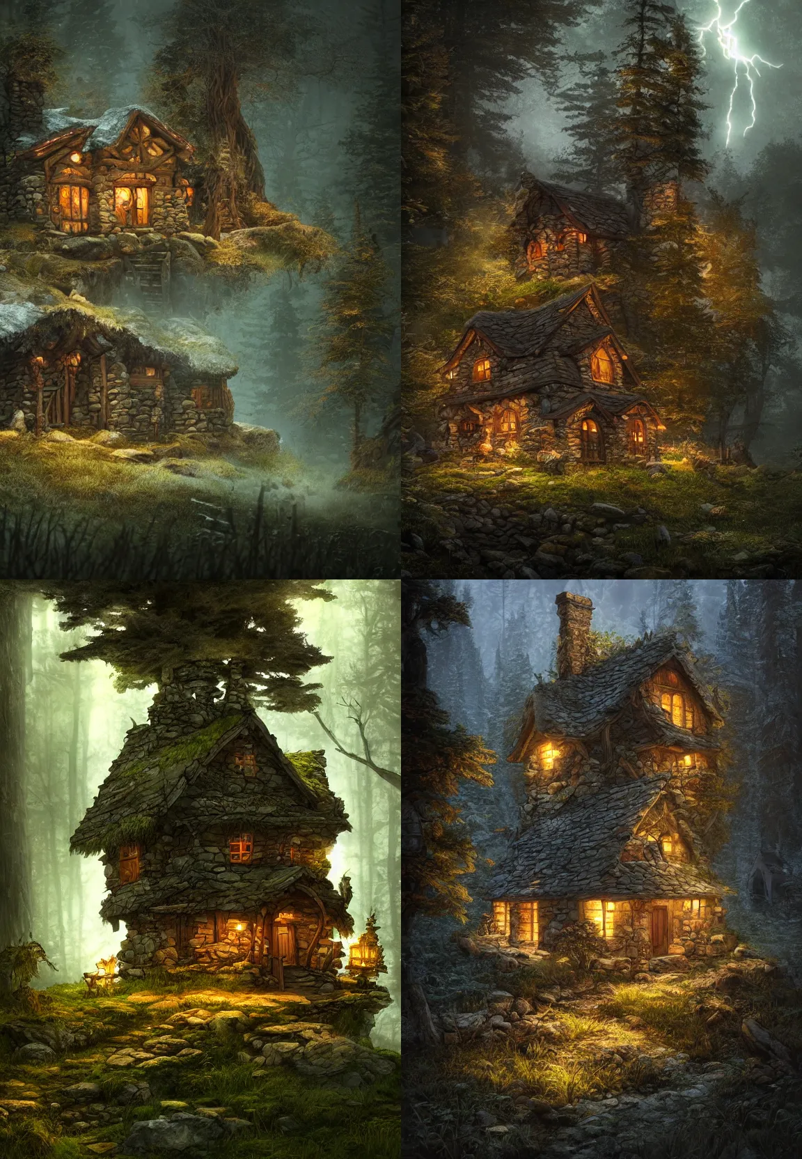 Prompt: small stone cabin on a fantasy forest at night, artstation hq, photorealistic, hiperrealistic, sharp focus, 4 k uhd, unreal engine 5, cinematic shot, cinematic lightning, dark tones, high contrast, intricate, masterpiece, brian froud, rebecca guay