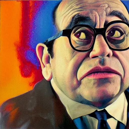 Image similar to Danny DeVito, neo brutralism, colorful, oilpainting, hyperrealistic, cgsociety, octane render, in the style of Mark Rothko, Edward Hopper and Akihiko Yoshida