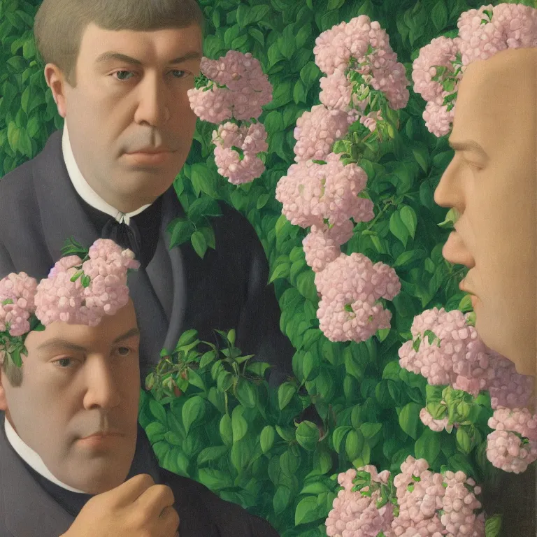 Image similar to portrait of a man, face hidden by beautiful flowers, by rene magritte, detailed painting, hd, hq, high resolution, high detail, 4 k, 8 k