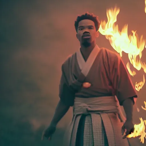 Image similar to cinematic film still of Chance The Rapper starring as a Samurai holding fire, Japanese CGI, VFX, 2022, 40mm lens, shallow depth of field, film photography