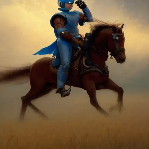 Image similar to cinematic shot epic portrait of megaman riding a mechanical horse in middle of wheat fields, sunny, cloudy, broad light, ambient occlusion, volumetric light effect, made by ivan aivazovsky, peter mohrbacher, greg rutkowski, matte painting, trending on artstation, 4 k, perfectly defined features, digital painting, cinematic, epic, highly detailed