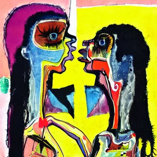 Image similar to watercolor painting of two bizarre psychedelic goth women kissing each other closeup in a cafe in japan, speculative evolution, mixed media collage by basquiat and jackson pollock, magazine collage art, sapphic art, lesbian art, chemically damaged