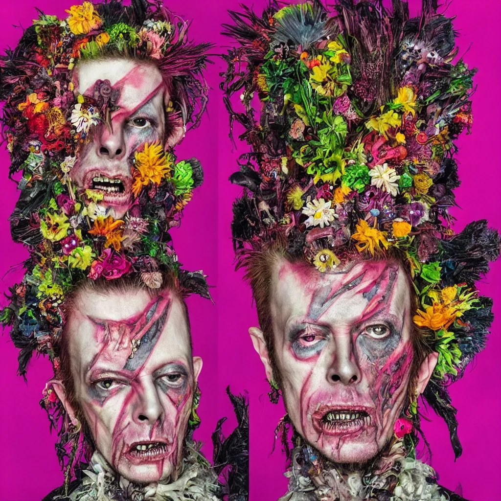 Prompt: a portrait of a zombie punk dude, magenta mohawk, head made out of fruit and flowers, crystals and glitter, David Bowie, Baroque, art by Arcimboldo, art by Fragonard, psychedelic, neon pink background