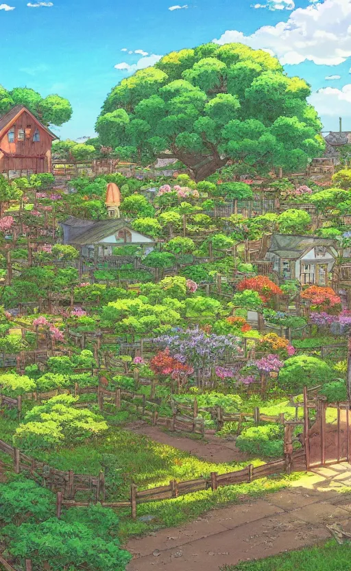 Prompt: anime screenshot wide-shot landscape with house in the apple garden, beautiful ambiance, golden hour, studio ghibli style, by hayao miyazaki, sharp focus, highly detailed,